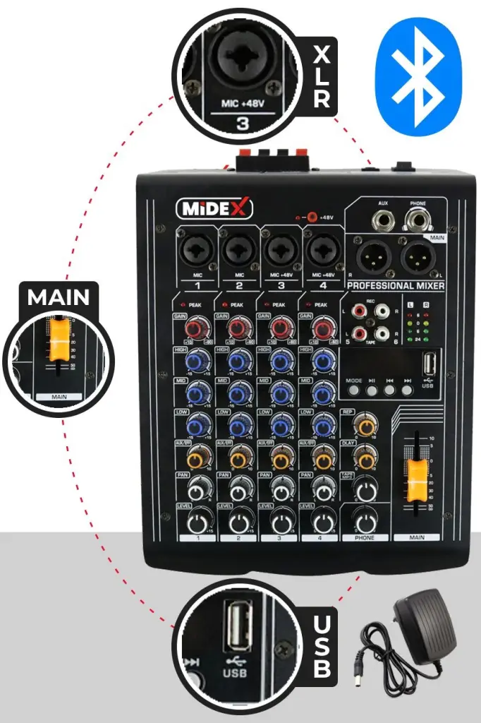 Midex MP-400 Amfili Power Mikser 2x200 WATT 4 Kanal (Bluetooth USB Efekt Kayıt)
