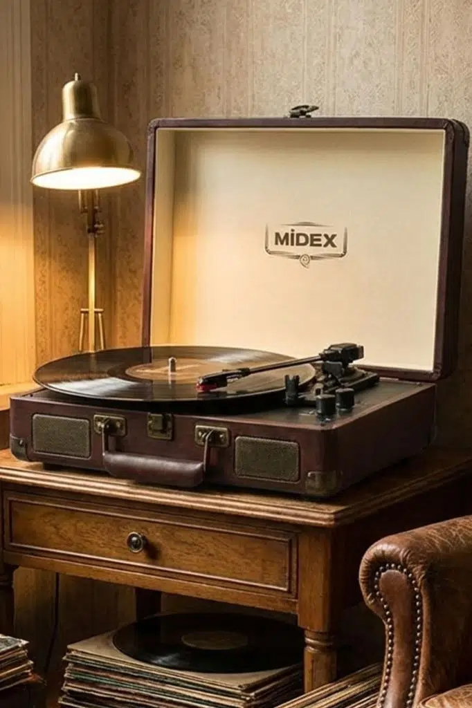 Midex Mtx-101CR Nostaljik Retro Pikap Plak Çalar (Şarjlı Bluetooth Aux Hoparlörlü 3 Devir) İğne Dahil