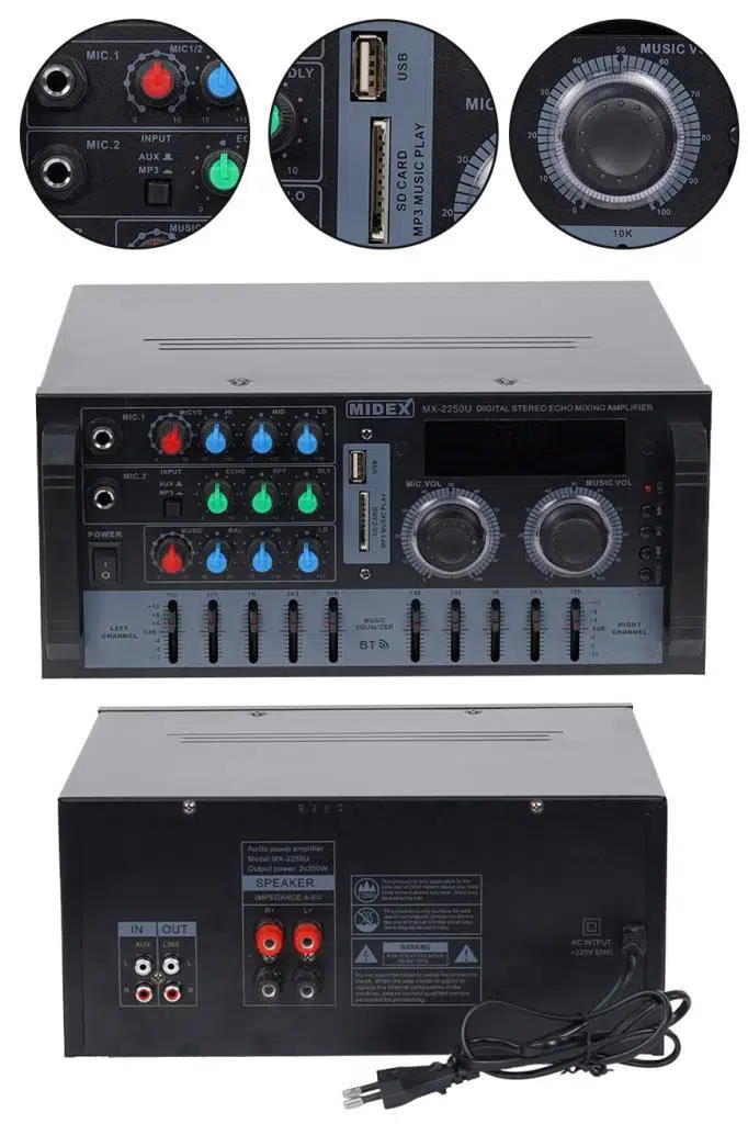 Midex MX-2250U 2 Kanal 2x250W Stereo Amfi 500W Power Mikser Bluetooth USB