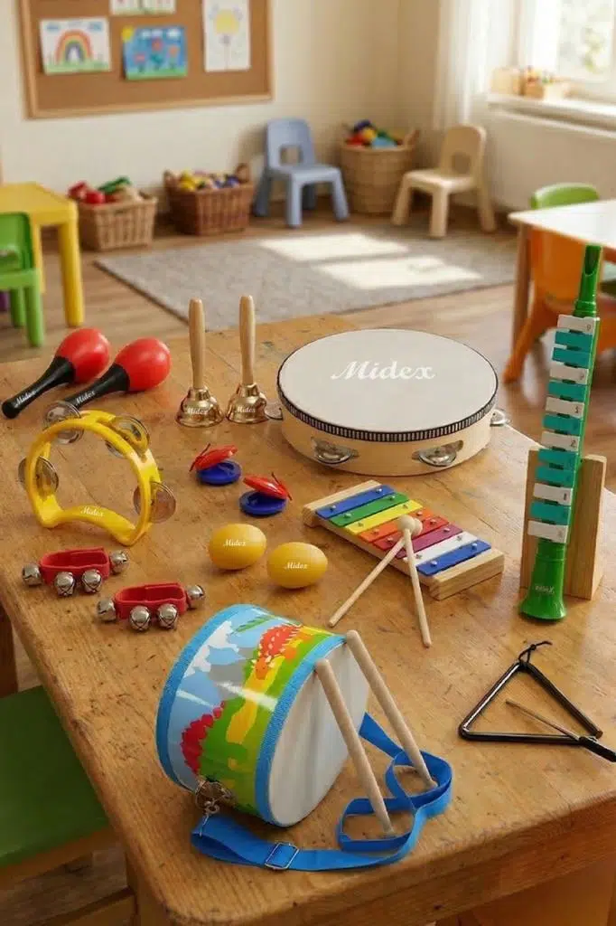 Midex Örf Aletleri Seti Median Paket-2 Maracas Zil Kastanyet Üçgen Ritim Ksilofon Davul Tef (11 Parça)