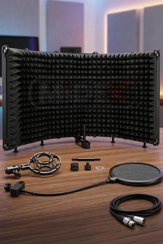 Midex PF-43PS Mikrofon Ses Yalıtım Paneli 5 Bölümlü Ayaklı 69x26cm (Filtre Sünger Shock Mount Kablo Hediye)