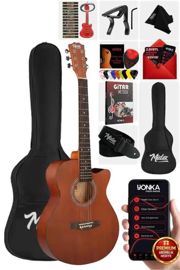 Midex Phx-187 Masif Ağaç Akustik Gitar 4/4 Yetişkin Boy (Çanta Askı Capo)