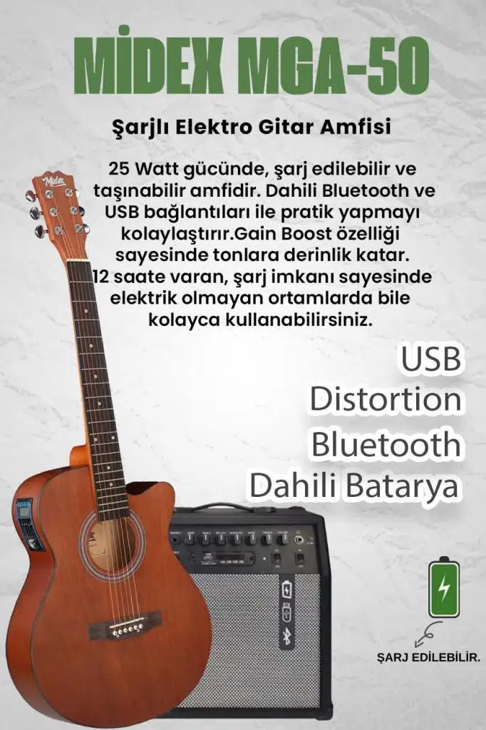 Midex Phx-188-50AMP Elektro Akustik Gitar 50W Şarjlı Bluetooth Amfili Full Set