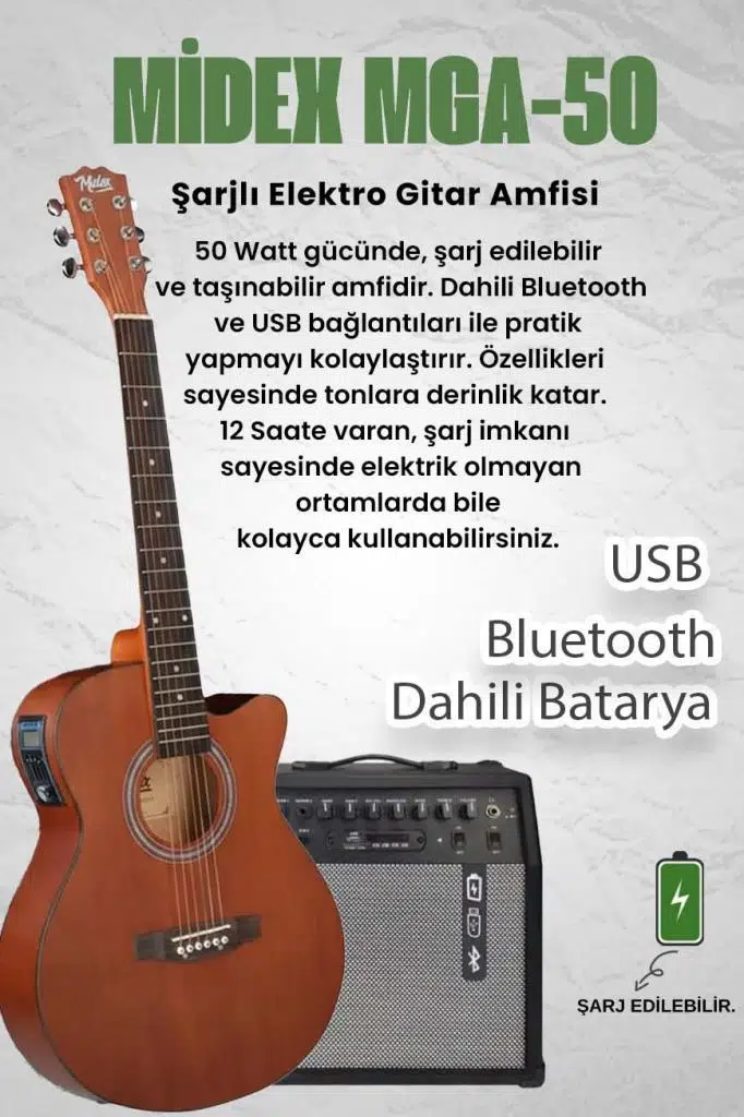 Midex Phx-188-50AMP Elektro Akustik Gitar 50W Şarjlı Bluetooth Amfili Full Set