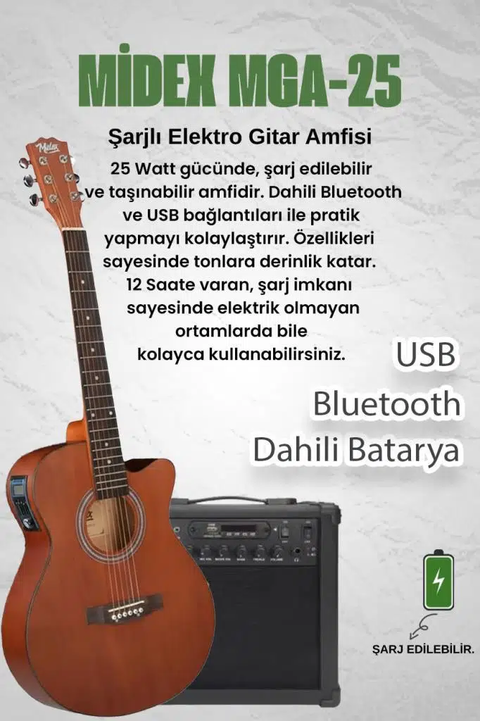 Midex Phx-188AMP Elektro Akustik Gitar 4/4 (Amfi Askı Capo Jak Kablo)