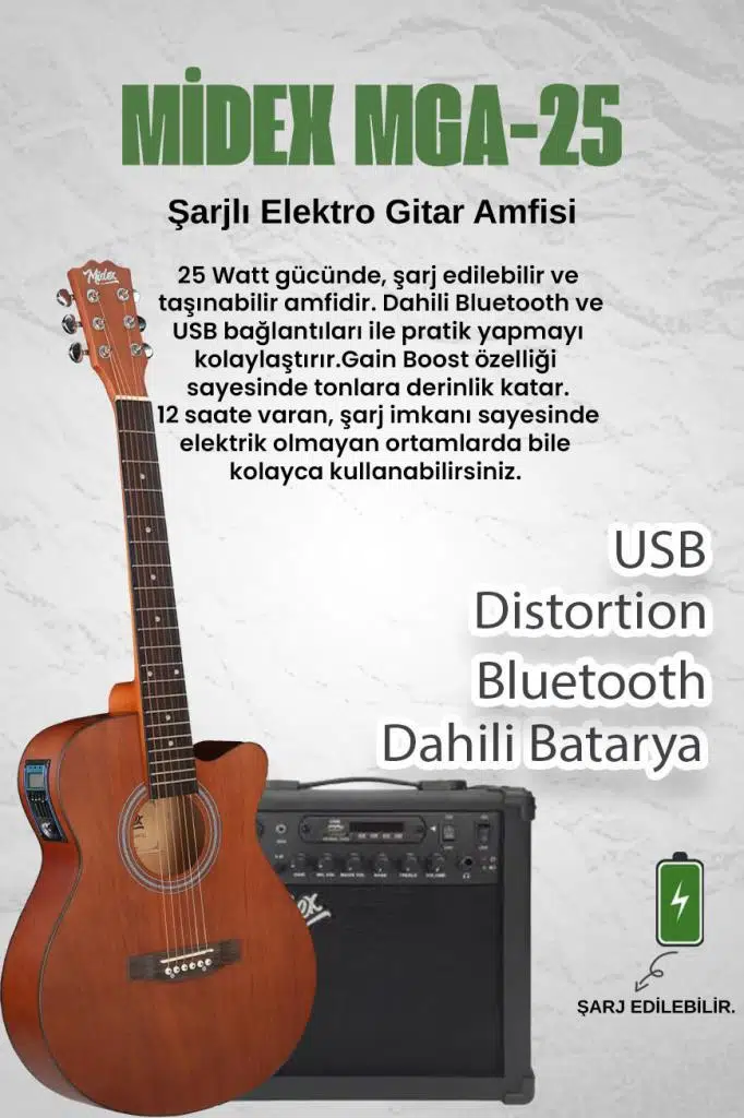 Midex Phx-188AMP Elektro Akustik Gitar 4/4 (Amfi GİGBAG Tuner Askı Capo Jak Kablo)