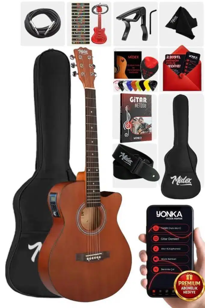 Midex Phx-188EQ Set Masif Ağaç Elektro Akustik Gitar 4/4 (Çanta Askı Capo Jak Kablo)