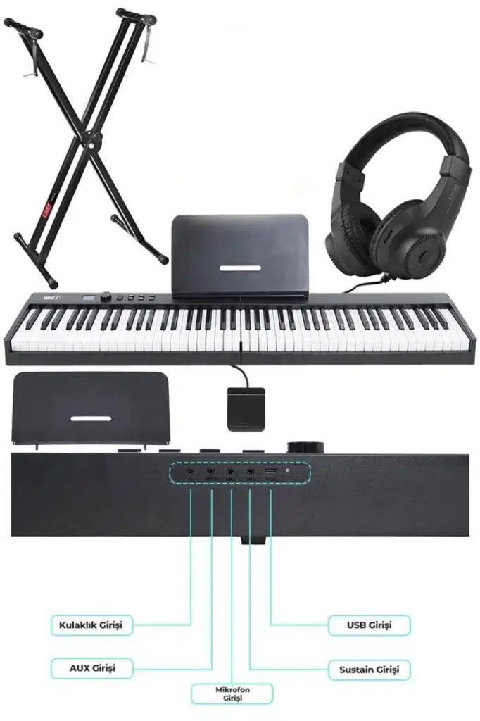 Midex PLX-100BK-ST Taşınabilir Dijital Piyano Tuş Hassasiyetli 88 Tuş Bluetooth Şarjlı (STAND Sustain Kulaklık Çanta Metod)
