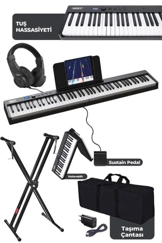 Midex PLX-100BK-ST Taşınabilir Dijital Piyano Tuş Hassasiyetli 88 Tuş Bluetooth Şarjlı (STAND Sustain Kulaklık Çanta Metod)