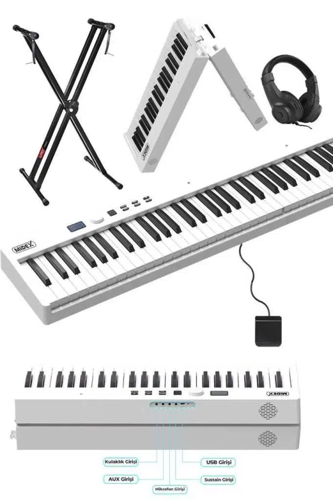 Midex PLX-100WH-ST Taşınabilir Dijital Piyano Tuş Hassasiyetli 88 Tuş Bluetooth Şarjlı (STAND Sustain Kulaklık Çanta Metod)