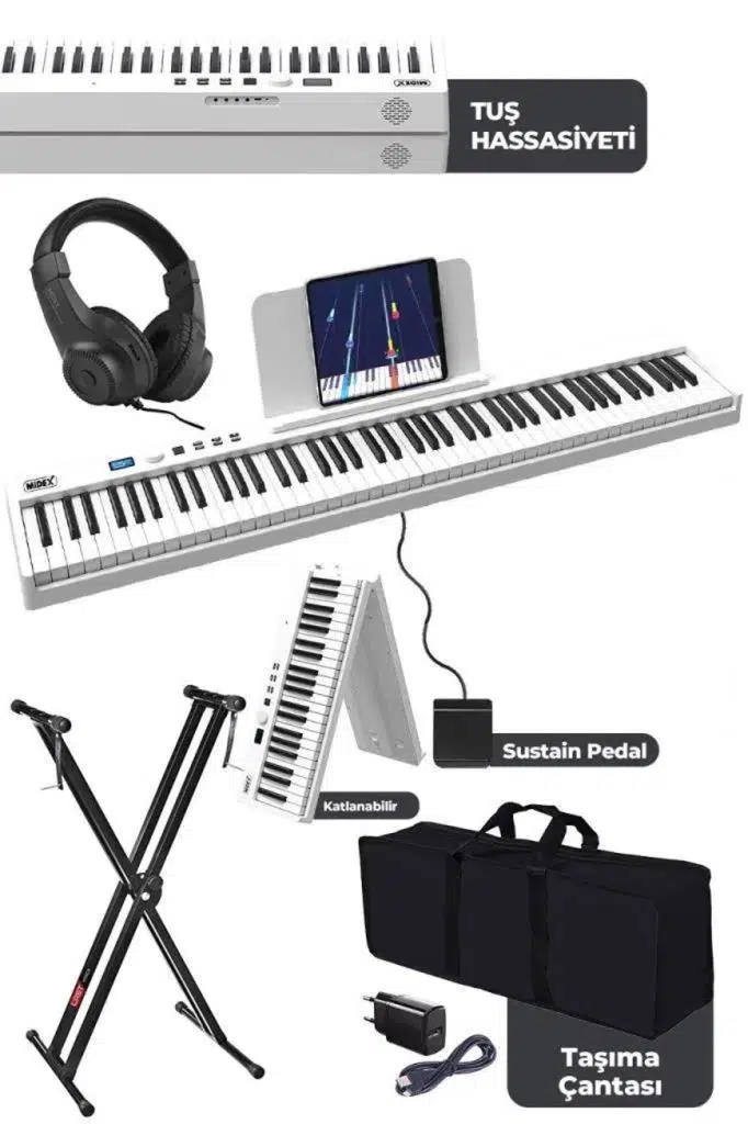 Midex PLX-100WH-ST Taşınabilir Dijital Piyano Tuş Hassasiyetli 88 Tuş Bluetooth Şarjlı (STAND Sustain Kulaklık Çanta Metod)