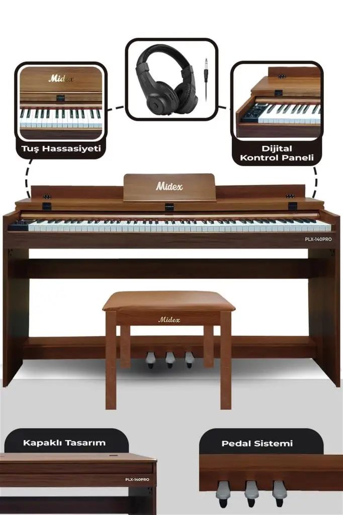 Midex PLX-140 PRO-OR Dijital Piyano Bluetooth Tuş Hassasiyeti 88 Tuşlu Kapaklı (Kulaklık ve Tabure)