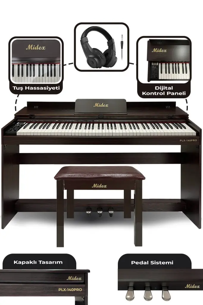 Midex PLX-140 PRO-SR Dijital Piyano Bluetooth Tuş Hassasiyeti 88 Tuşlu Kapaklı (Kulaklık ve Tabure)
