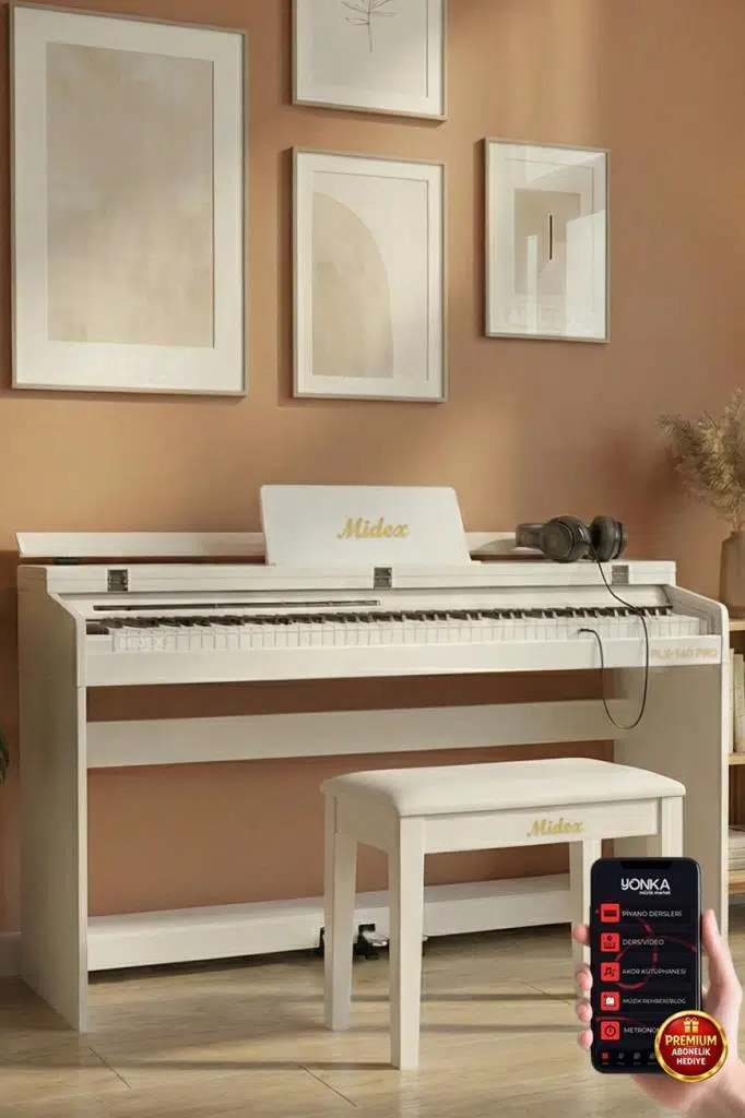Midex PLX-140 PRO-WH Dijital Piyano Tuş Hassasiyetli Bluetooth 88 Tuşlu Kapaklı (Kulaklık ve Tabure)