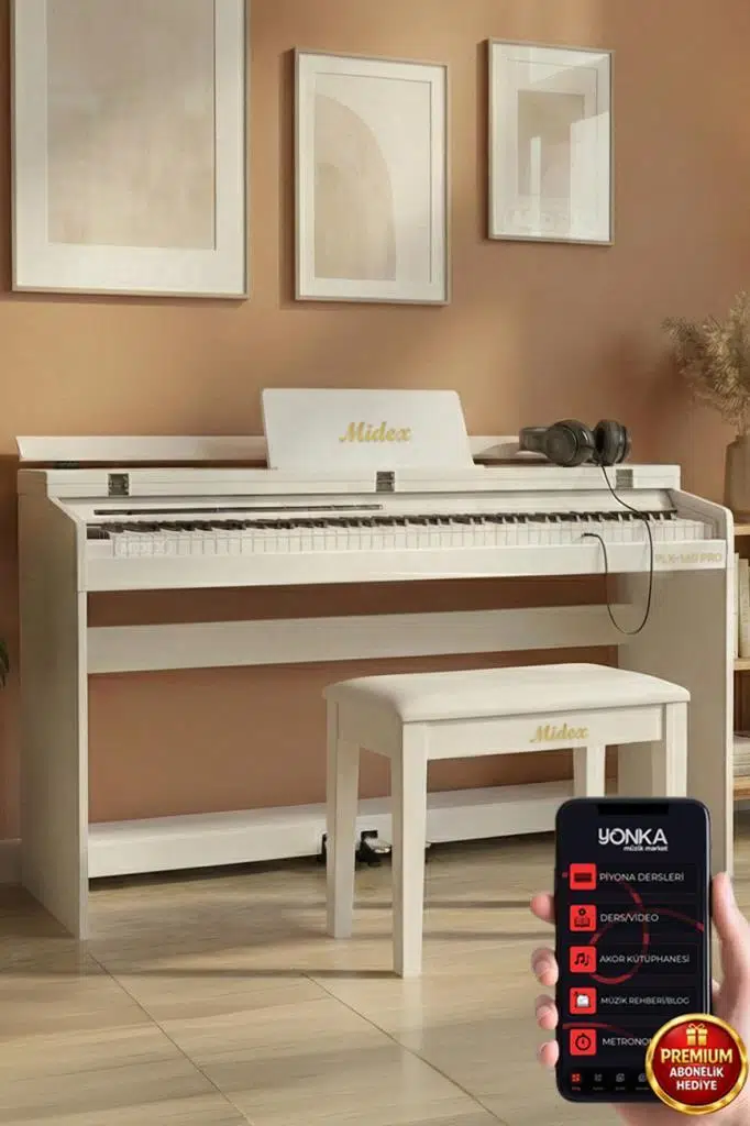 Midex PLX-140 PRO-WH Dijital Piyano Tuş Hassasiyetli Bluetooth 88 Tuşlu Kapaklı (Kulaklık ve Tabure)