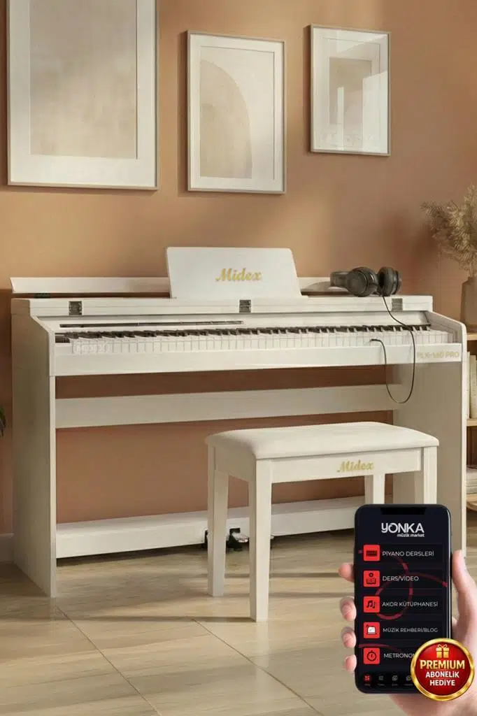 Midex PLX-140 PRO-WH Dijital Piyano Tuş Hassasiyetli Bluetooth 88 Tuşlu Kapaklı (Kulaklık ve Tabure)