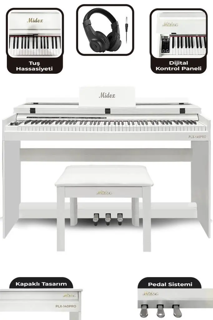 Midex PLX-140 PRO-WH Dijital Piyano Tuş Hassasiyetli Bluetooth 88 Tuşlu Kapaklı (Kulaklık ve Tabure)