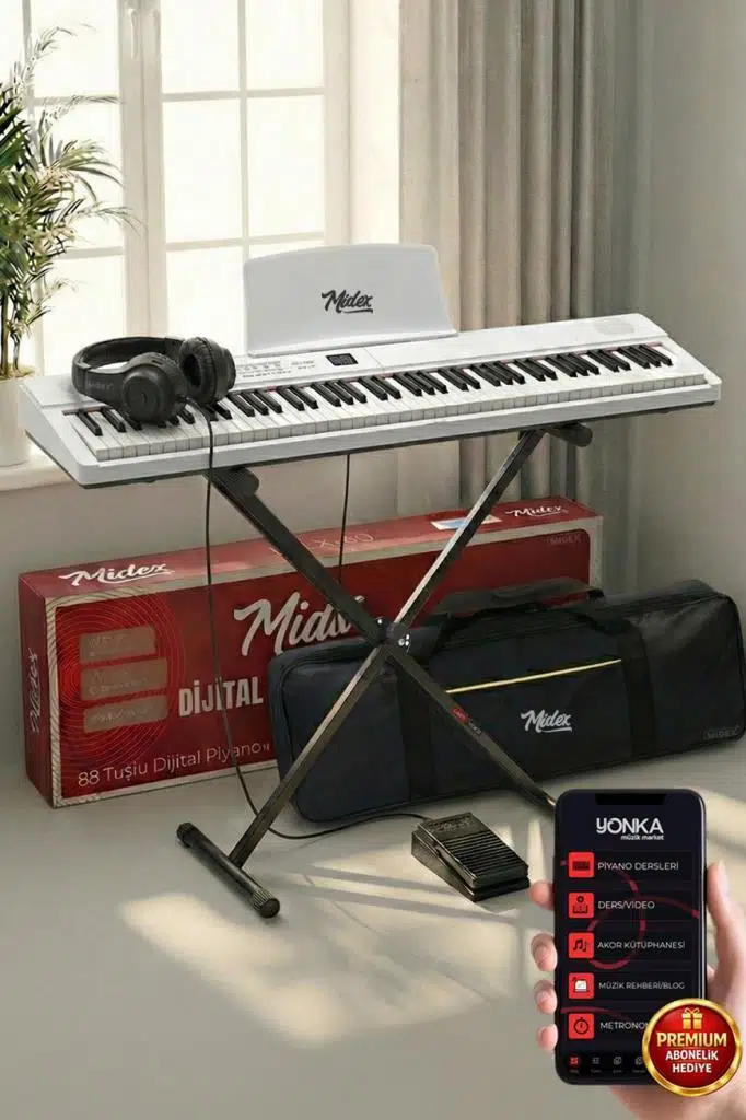Midex PLX-80WH-ST Taşınabilir Katlanır Dijital Piyano Tuş Hassasiyetli 88 Tuş BT (Stand Sustain Kulaklık Çanta Metod)