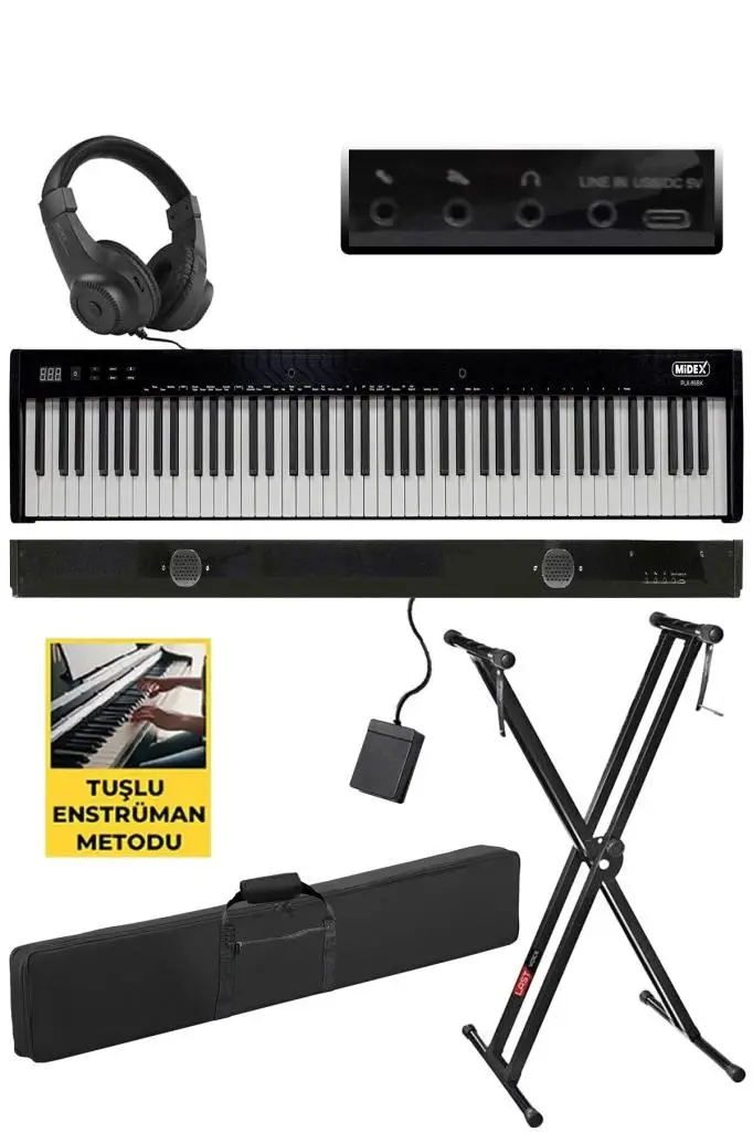 Midex PLX-95BK-ST Taşınabilir Dijital Piyano Tuş Hassasiyetli 88 Tuşlu Bluetooth (STAND Sustain Kulaklık Çanta Metod)