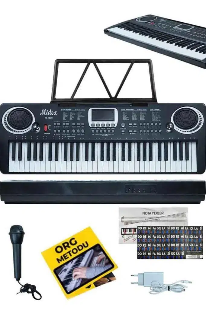 Midex PS-1500BK Başlangıç İçin 61 Tuşlu Org Notalık Adaptör Öğrenim Metodu (100 Ses 100 Ritim)