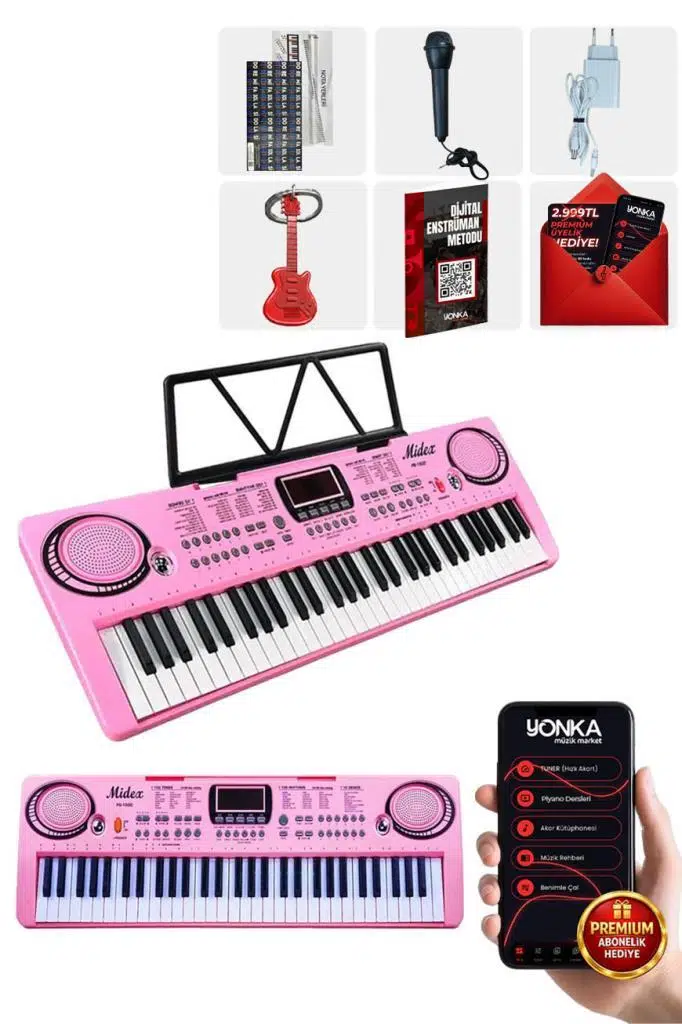 Midex PS-1500PK Başlangıç İçin 61 Tuşlu Org Pembe Renk Notalık Adaptör Mikrofon METOD (100 Ses 100 Ritim)