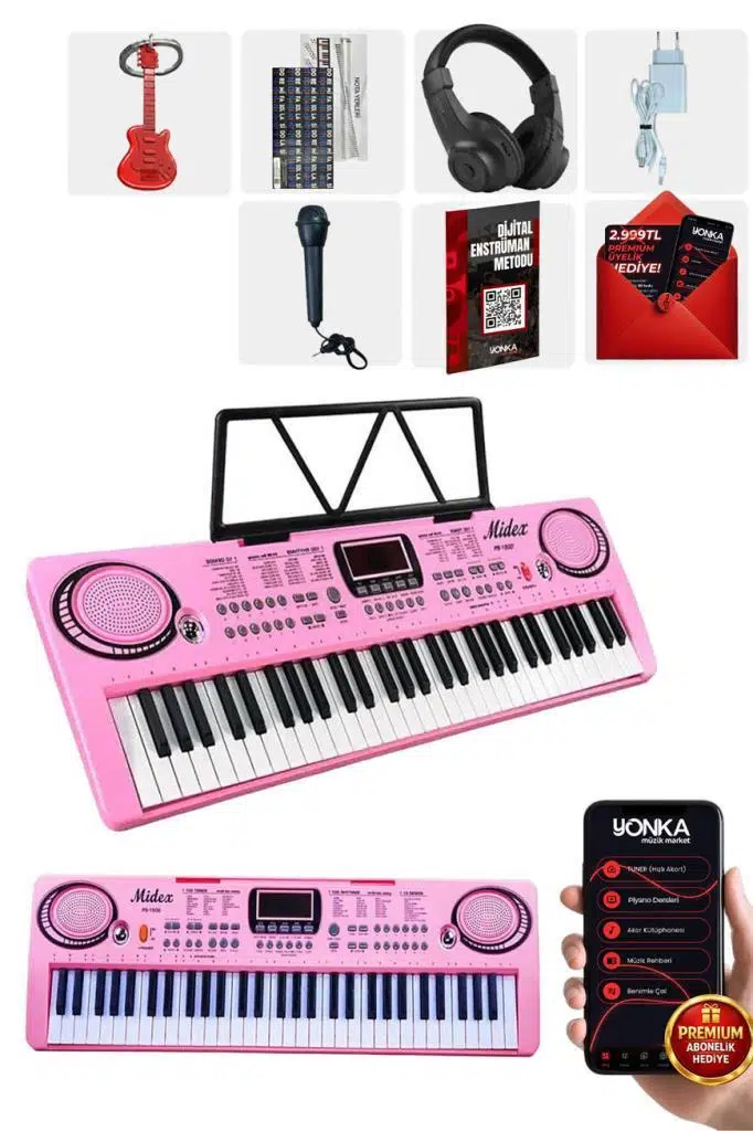 Midex PS-1500PK-H Başlangıç İçin Pembe 61 Tuşlu Org Kulaklık Notalık Mikrofon Metod (100 Ses 100 Ritim)