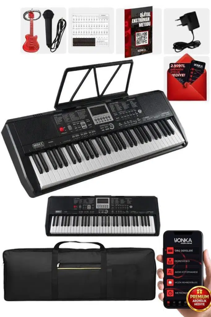 Midex PS-1800BK 61 Tuşlu Kaliteli Org Dijital Ekranlı Çanta Notalık Adaptör Sticker Öğrenim Metodu