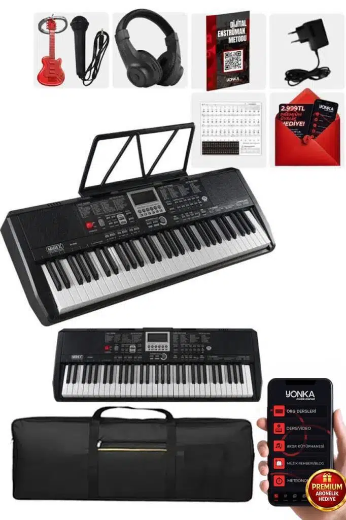 Midex PS-1800BK-H 61 Tuşlu Kaliteli Org Dijital Ekranlı Kulaklık Çanta Notalık Adaptör Sticker Öğrenim Metodu