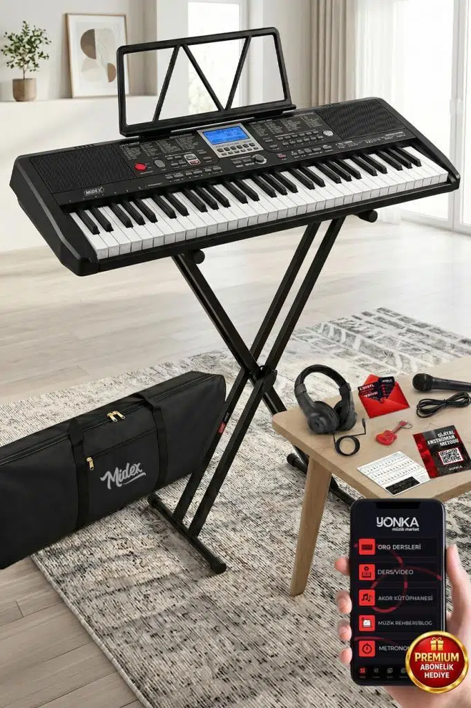 Midex PS-1800BK-SET 61 Tuşlu Kaliteli Org Dijital Ekranlı Stand Kulaklık Çanta Notalık Adaptör Sticker Metod