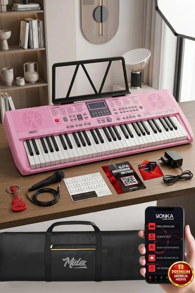 Midex PS-1800PK 61 Tuşlu Kaliteli Org Dijital Ekranlı Çanta Notalık Adaptör Sticker Öğrenim Metodu