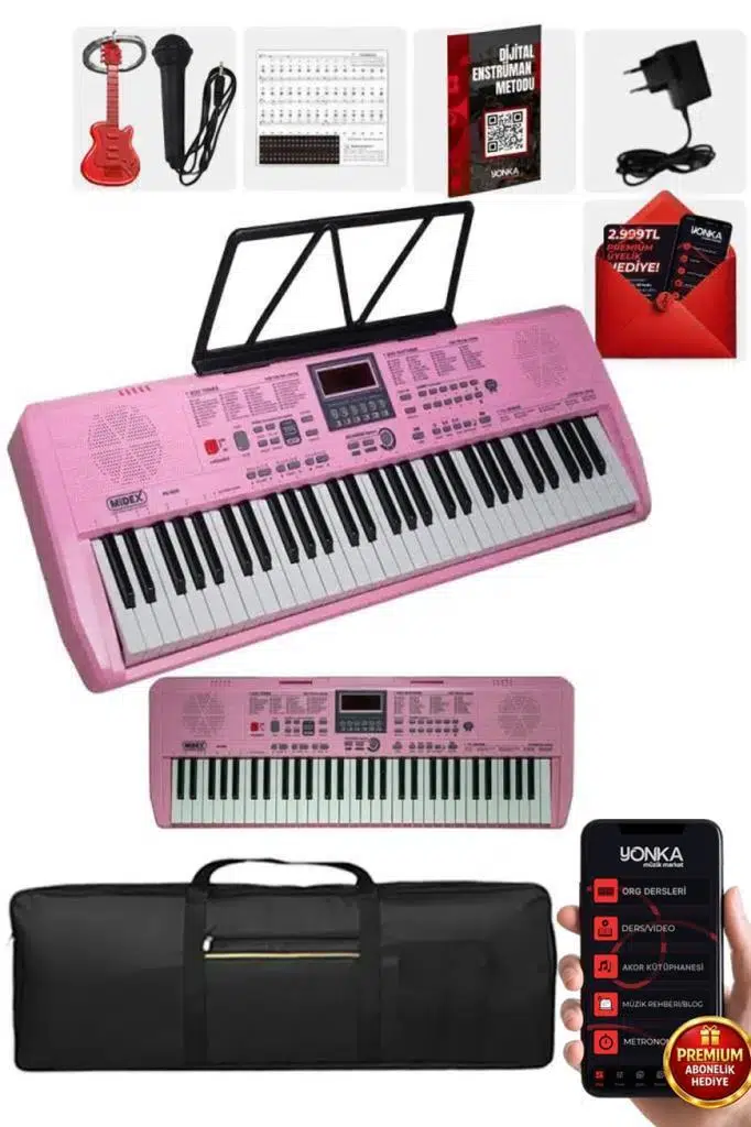 Midex PS-1800PK 61 Tuşlu Kaliteli Org Dijital Ekranlı Çanta Notalık Adaptör Sticker Öğrenim Metodu