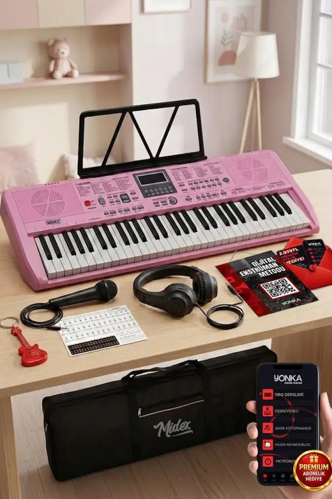 Midex PS-1800PK-H 61 Tuşlu Kaliteli Pembe Org Dijital Ekranlı Kulaklık Çanta Notalık Adaptör Sticker Metod