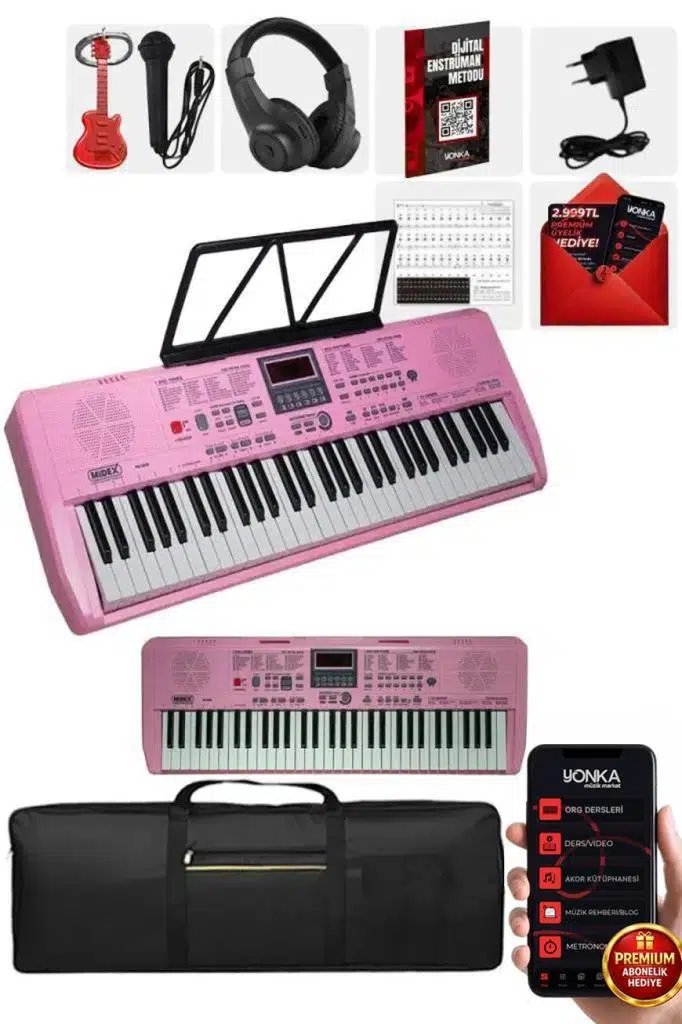 Midex PS-1800PK-H 61 Tuşlu Kaliteli Pembe Org Dijital Ekranlı Kulaklık Çanta Notalık Adaptör Sticker Metod