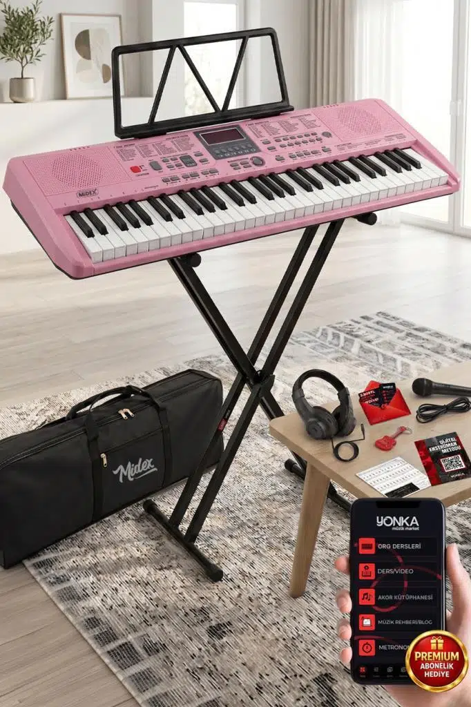 Midex PS-1800PK-SET 61 Tuşlu Kaliteli Pembe Org Dijital Ekran Stand Kulaklık Çanta Notalık Adaptör Sticker Metod