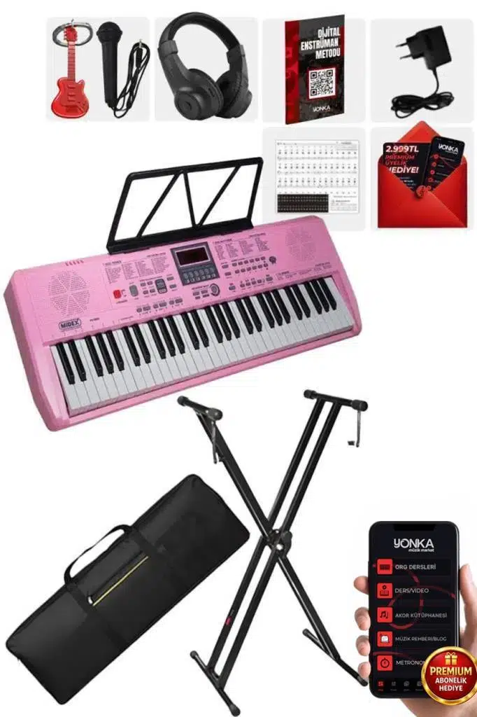 Midex PS-1800PK-SET 61 Tuşlu Kaliteli Pembe Org Dijital Ekran Stand Kulaklık Çanta Notalık Adaptör Sticker Metod