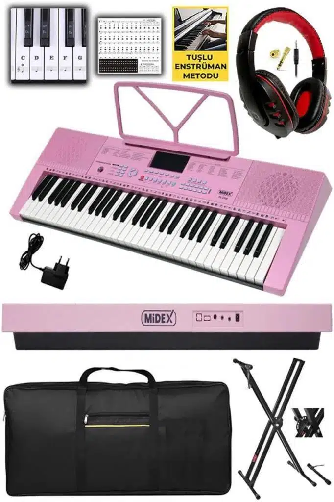 Midex PS-2300PK-PAK 61 Tuşlu Org Stand Kulaklık Pembe Başlangıç İçin Uygun