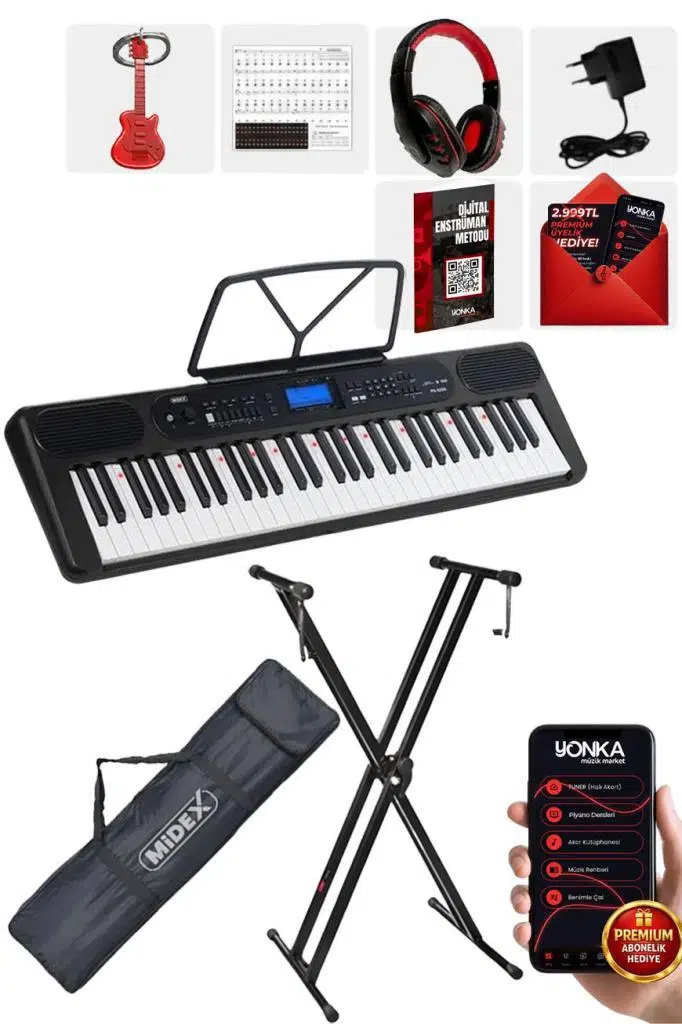 Midex PS-5200BK-HS Pro Org 61 LED Işıklı Tuş Hassasiyetli Bluetooth Midi Kulaklık Stand