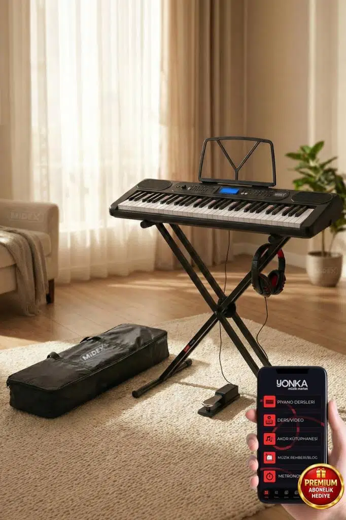 Midex PS-5200BK-HSS Pro Org 61 LED Işıklı Tuş Hassasiyetli Bluetooth Midi Kulaklık Stand Sustain