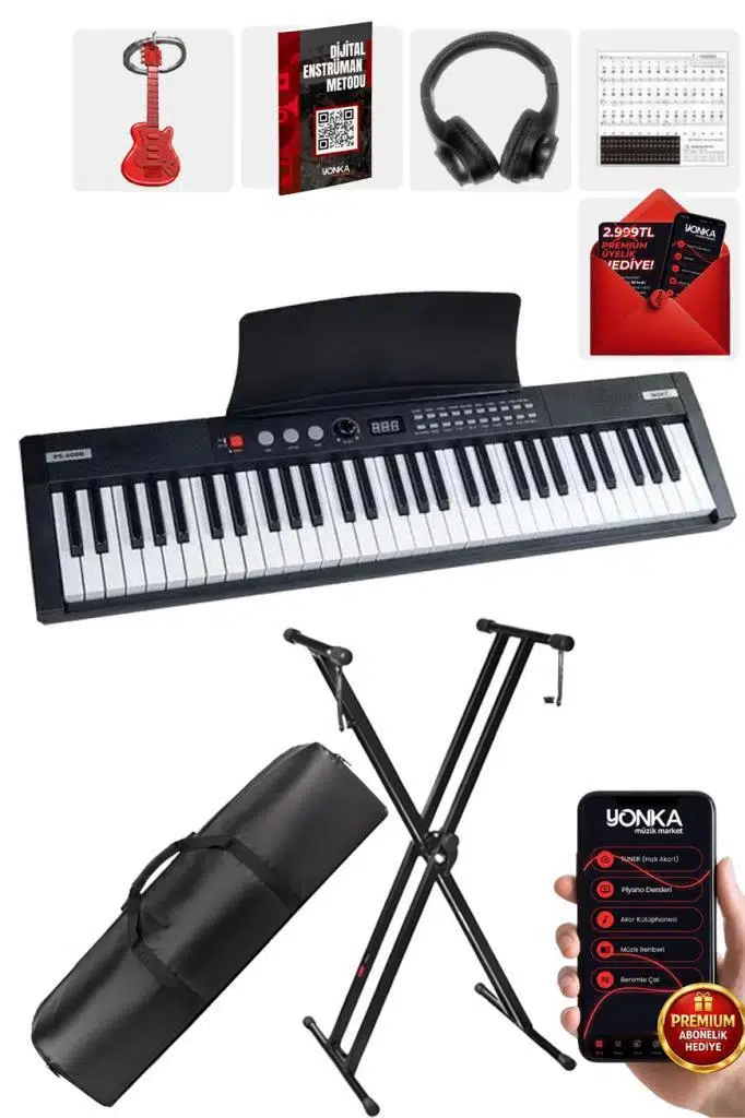 Midex PS4000BK-SET Tuş Hassasiyetli 61 Tuşlu Org Bluetooth USB Midi (Sustain Pedalı Çanta Kulaklık Stand METOD)