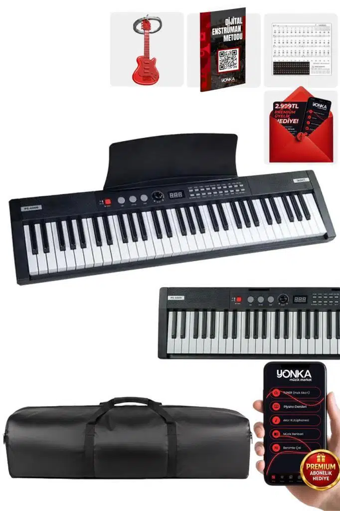 Midex PS4000BK Tuş Hassasiyetli 61 Tuşlu Org Bluetooth USB Midi METOD (Sustain Pedalı Çanta)