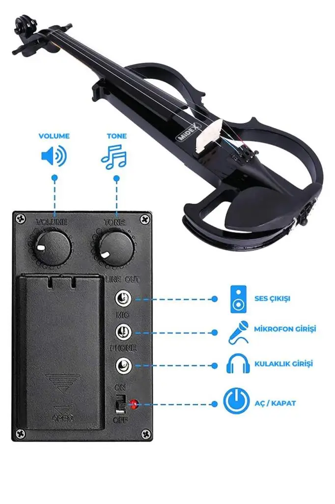 Midex RCZ-606B Elektro Keman Seti Siyah (Kulaklık Kablo Tuner Yastık )
