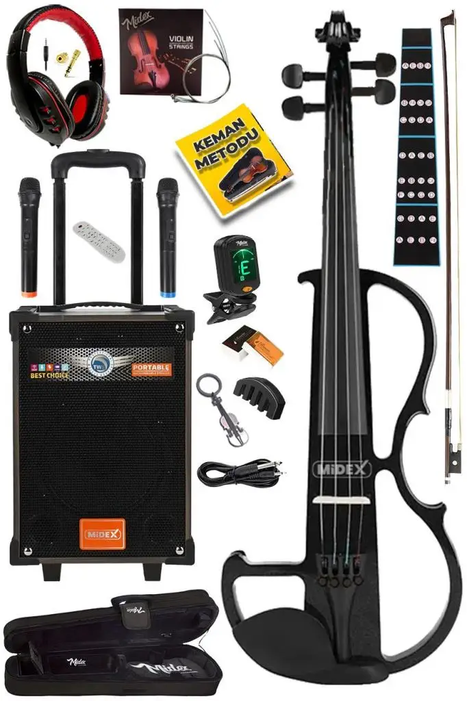 Midex RCZ-606B PAK Elektro Keman + Şarjlı Mikrofonlu Çanta Amfi Full Set Siyah