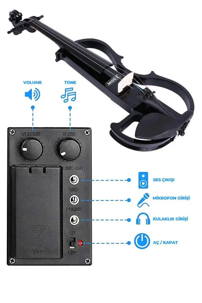 Midex RCZ-606B PAK Elektro Keman + Şarjlı Mikrofonlu Çanta Amfi Full Set Siyah