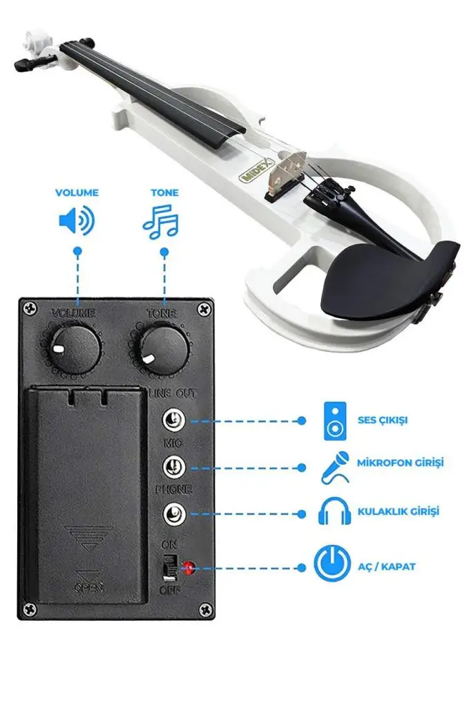 Midex RCZ-606W PAK Elektro Keman + Şarjlı Mikrofonlu Çanta Amfi Full Set Beyaz