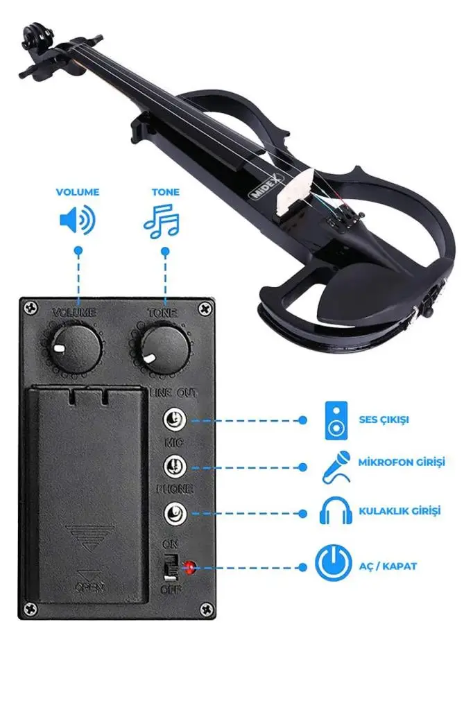 Midex RCZ606BK-XAMP Elektro Keman + Şarjlı Mikrofonlu Portatif Amfi Full Set Siyah