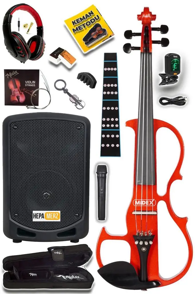 Midex RCZ606RD-XAMP Elektro Keman + Şarjlı Mikrofonlu Portatif Amfi Full Set Red