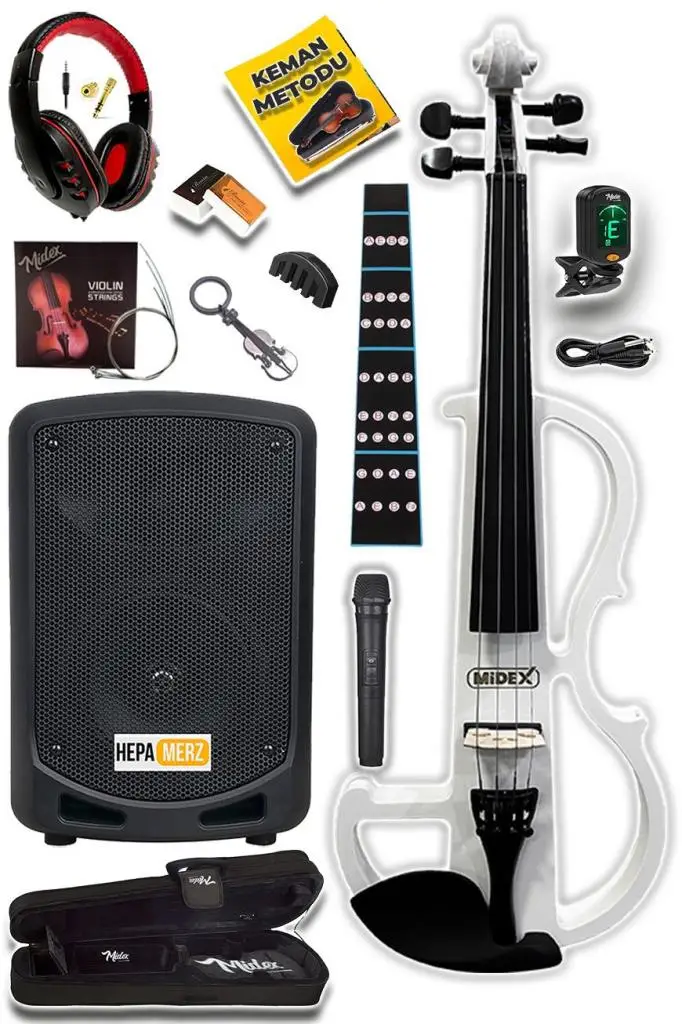 Midex RCZ606WH-XAMP Elektro Keman + Şarjlı Mikrofonlu Portatif Amfi Full Set Beyaz