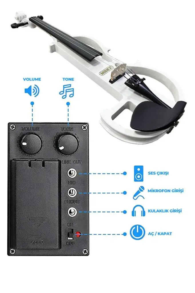 Midex RCZ606WH-XAMP Elektro Keman + Şarjlı Mikrofonlu Portatif Amfi Full Set Beyaz