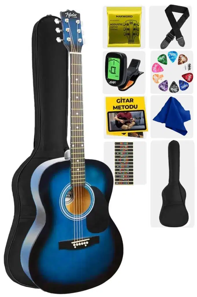 Midex RG-530BL Kaliteli Mavi 40 İnç Akustik Gitar Seti 4/4 Yetişkin