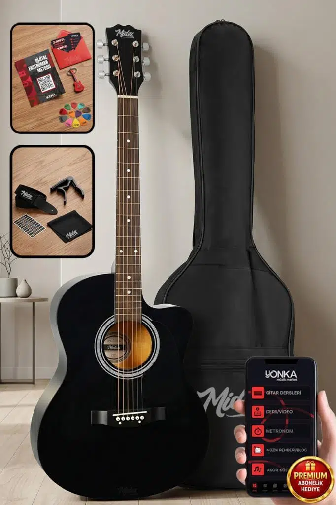 Midex RG-540BK Kaliteli Kesik Kasa Siyah 40 İnç Akustik Gitar Seti 4/4 Yetişkin